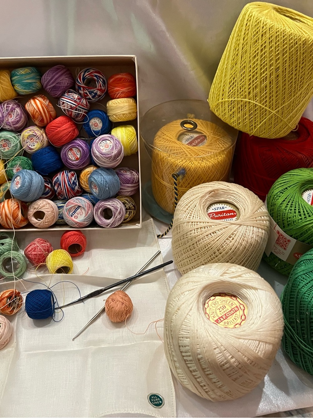 Lot of crochet threats mix of new and used. 7 large and 67 small. Mixed colors